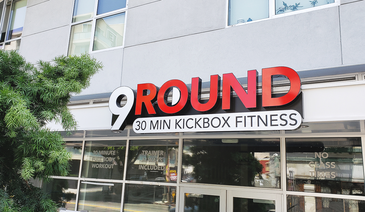 9 Round Fitness channel letters mounted on a facade also popular for the restaurant industry