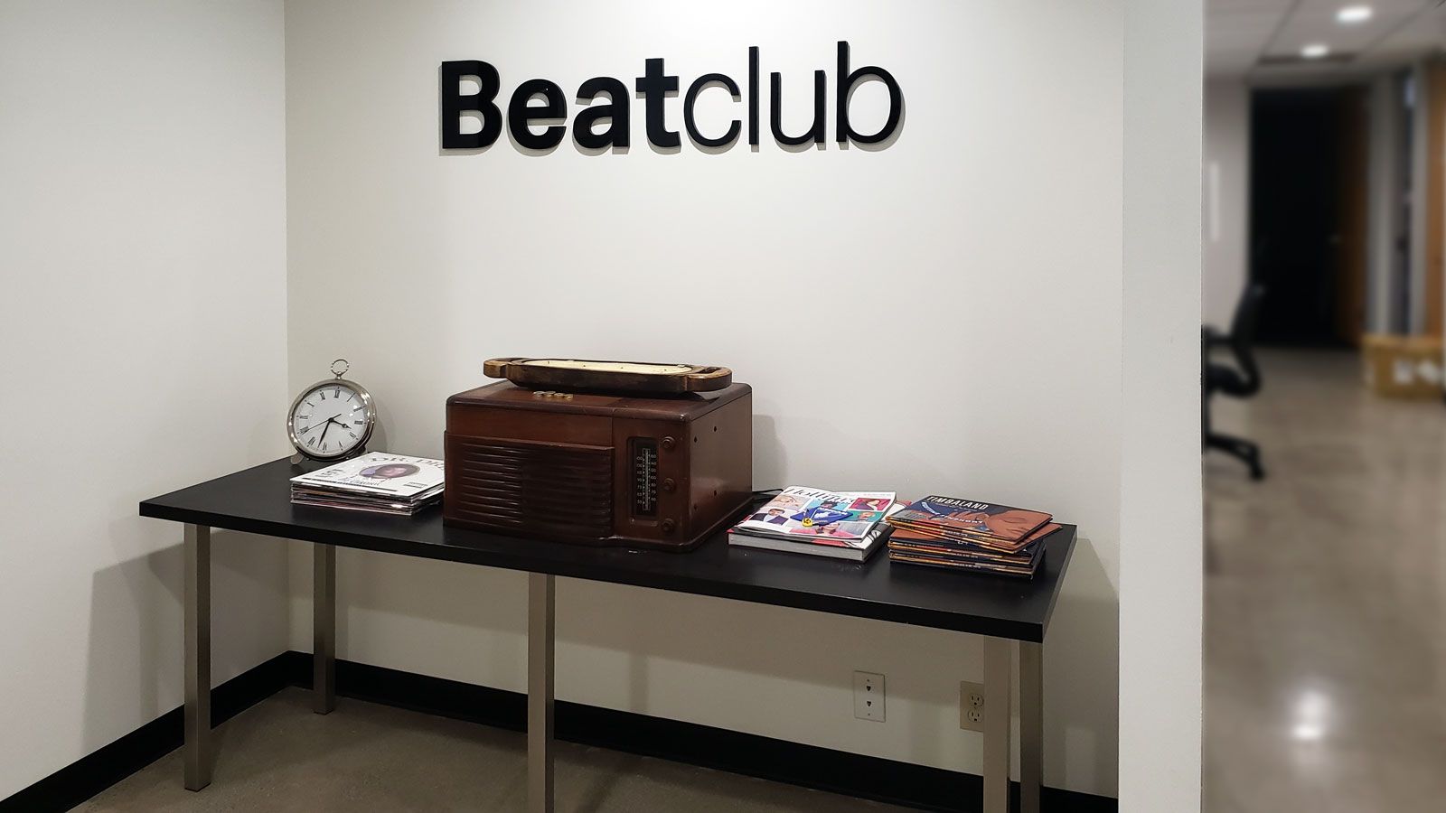 Beatclub 3d acrylic letters sign in black displaying the company name for interior branding
