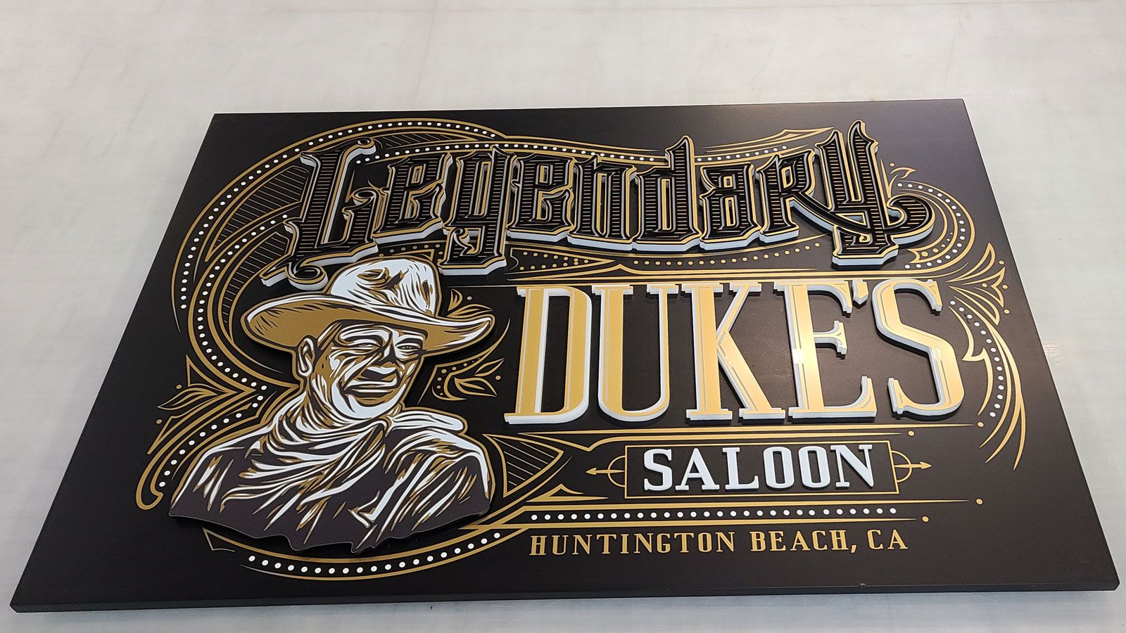 Legendary Duke's Saloon custom 3d sign with striped letters made of aluminum and acrylic