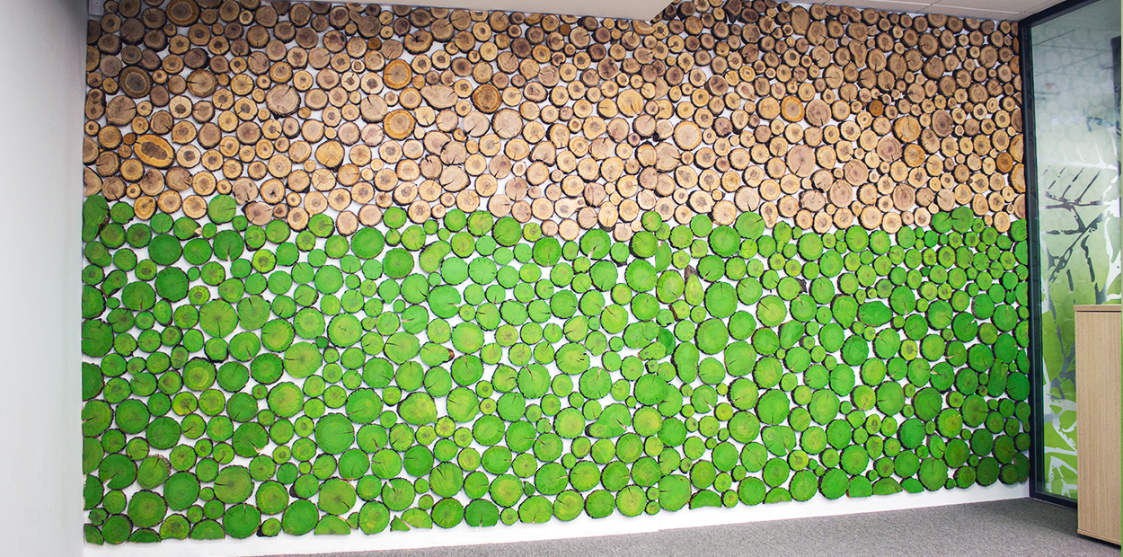 Eco wall example with wooden and green decorative elements for marketing 