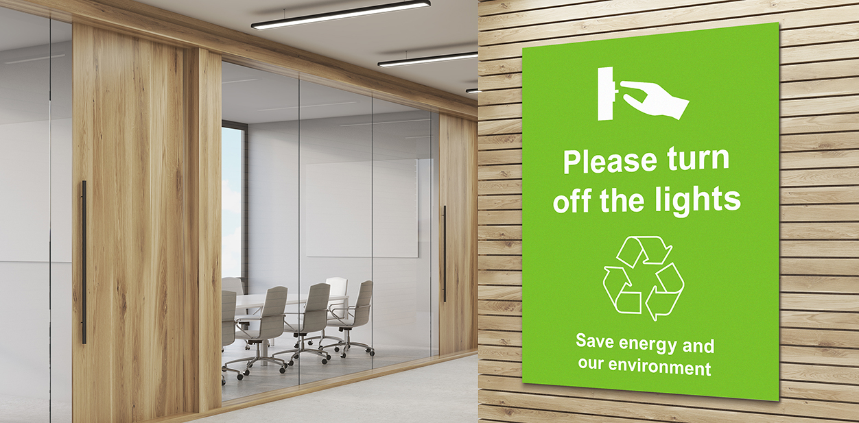 Office sign example displaying an eco friendly procedure rule to follow