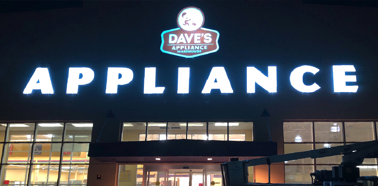 Dave's Appliance storefront branding with illumination