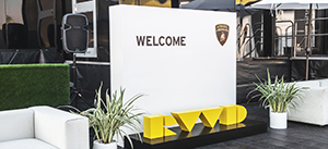 Lamborghini 3d sign letters in yellow with a stand made of aluminum and wood