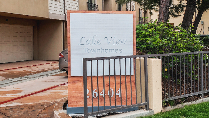 Lake View Townhomes apartment monument sign made of plywood, aluminum, and acrylic