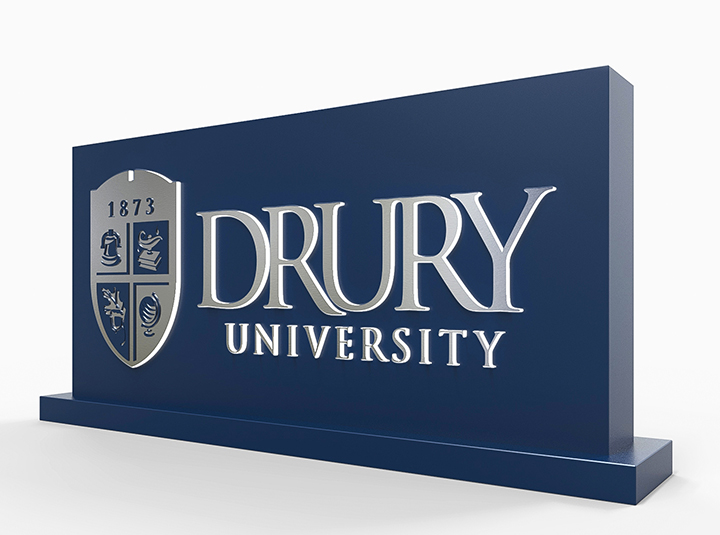 Drury University custom monument sign design in blue with the university name and logo