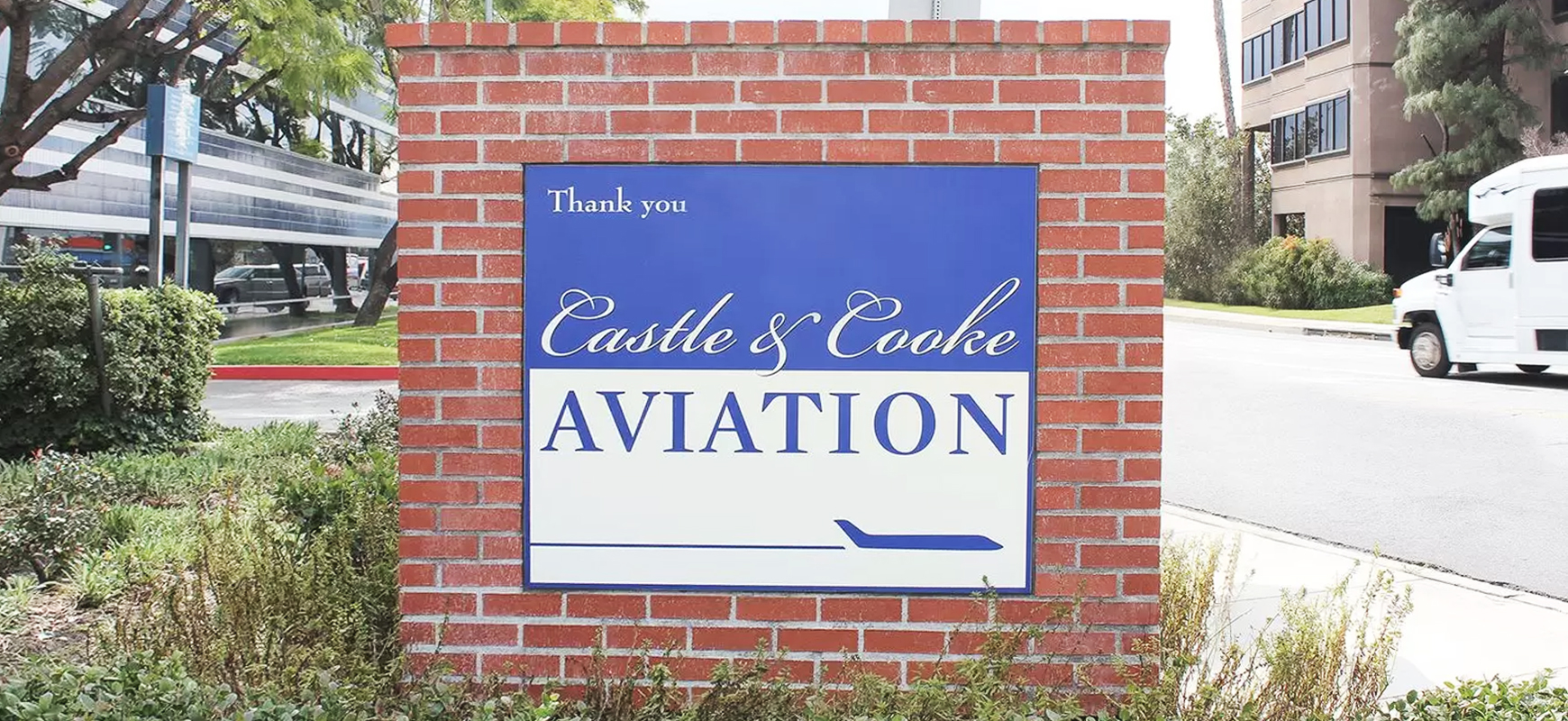 Castle & Cooke Aviation stone monument sign in a pylon style made of PVC