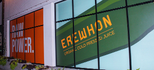 Erewhon window graphics made of opaque vinyl for storefront branding