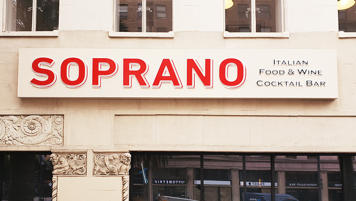 Soprano exterior restaurant building sign with branded letters made of aluminum and acrylic