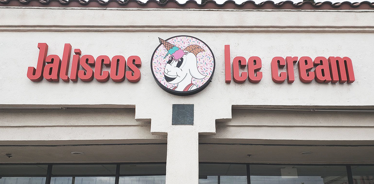 Jaliscos Ice Cream storefront branding solutions in red and pink