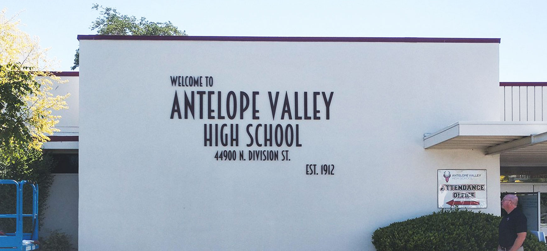 Antelope Valley High School exterior sign with black 3d letters made of brushed aluminum