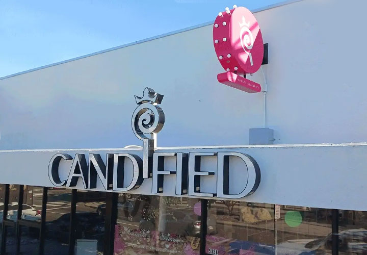 Candified Inc exterior signage displaying the brand name made of lexan and aluminum