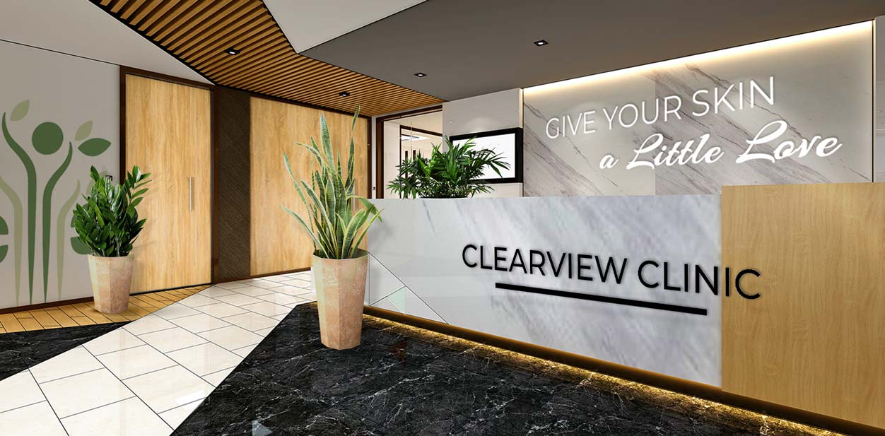 Clearview Clinic lobby design with live plants and a company slogan