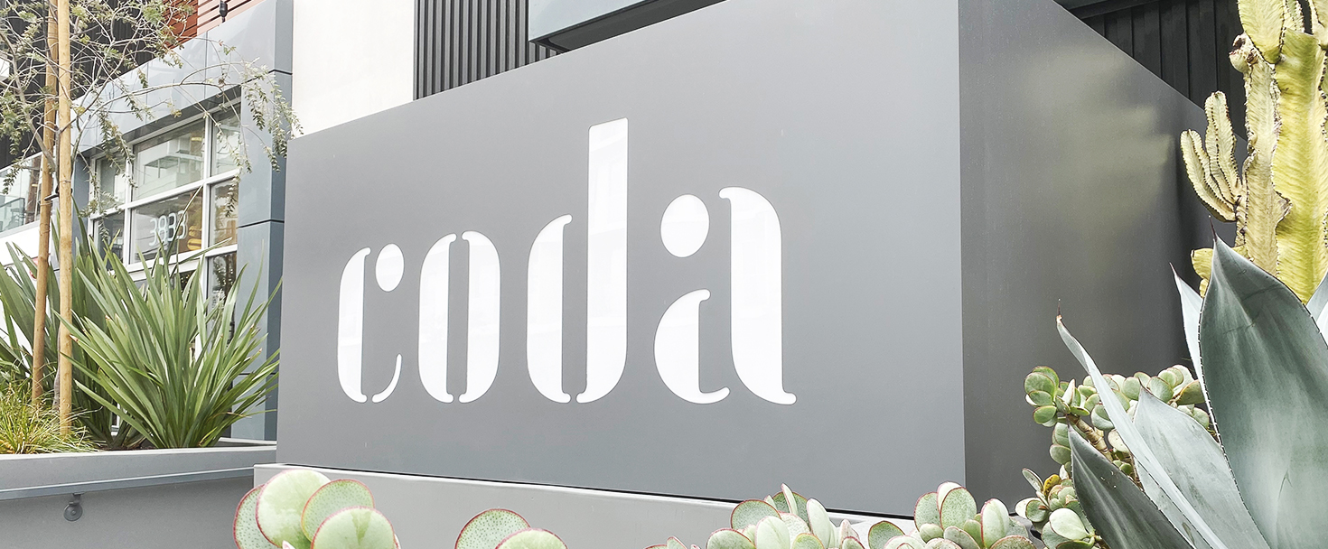 Coda illuminated architectural signage in a big size made of aluminum and acrylic