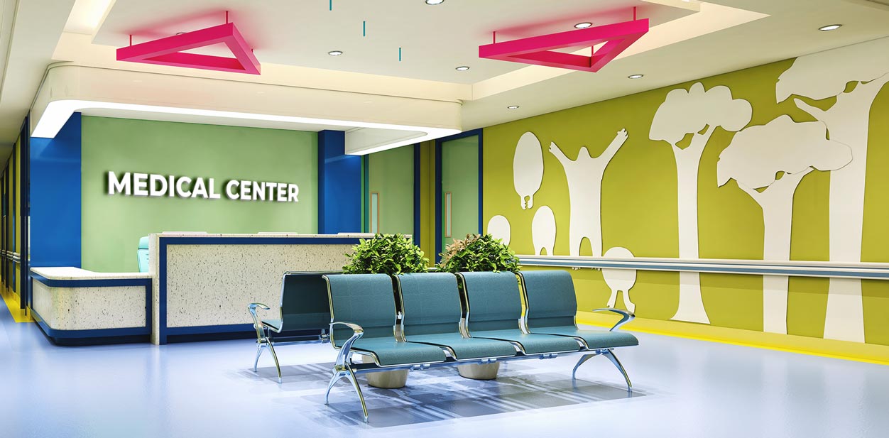 Medical center comfortable seating with creative lobby and wall designs