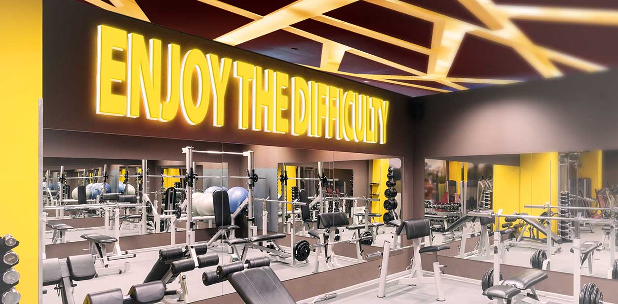 Illuminated gym design idea with yellow highlights