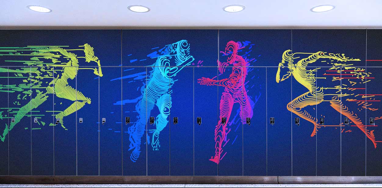 Gym locker design idea with colorful fitness graphics