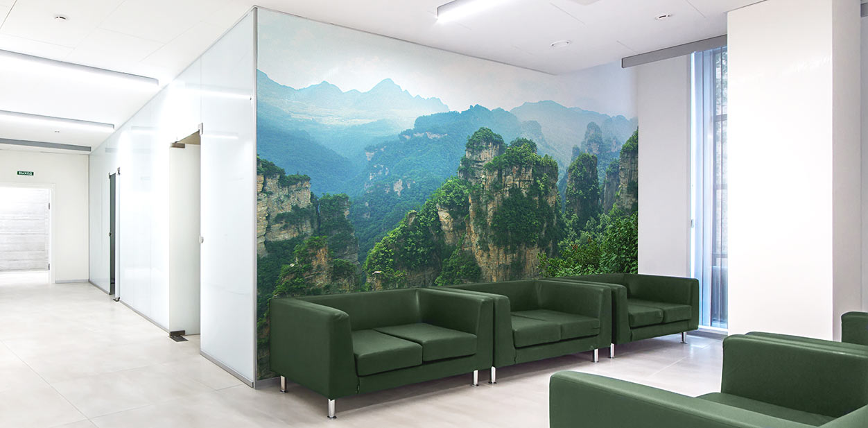 Nature-themed medical office breakroom design idea