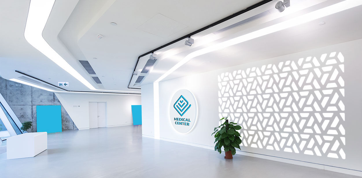 Illuminated medical office design idea with unique wall patterns