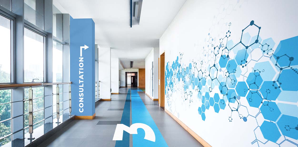 Modern medical office interior design with wayfinding graphics