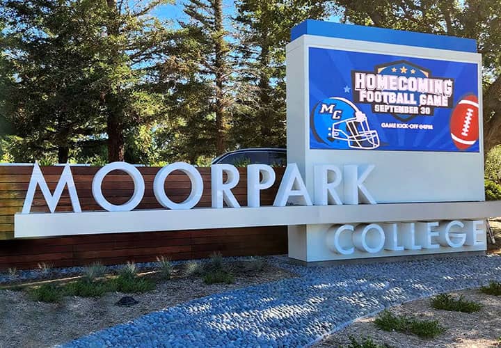 Moorpark College custom outdoor signage in a huge size made of acrylic, wood, and aluminum