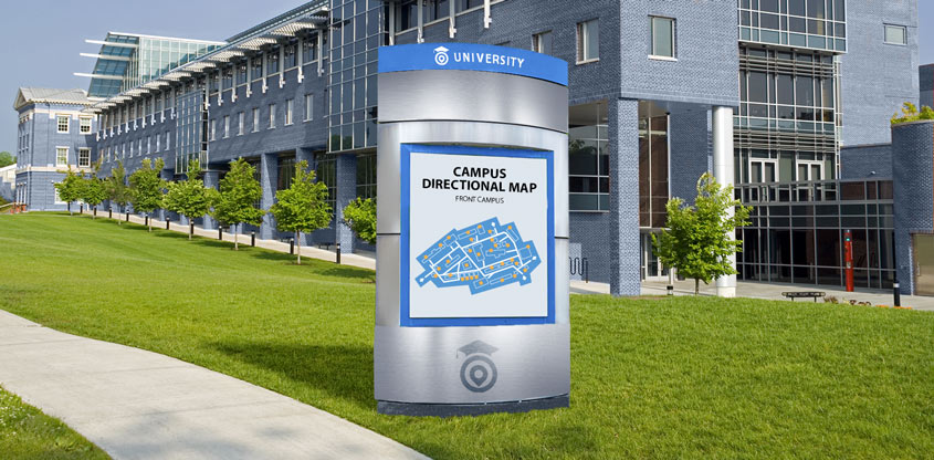 Campus environmental wayfinding map on a monumental board