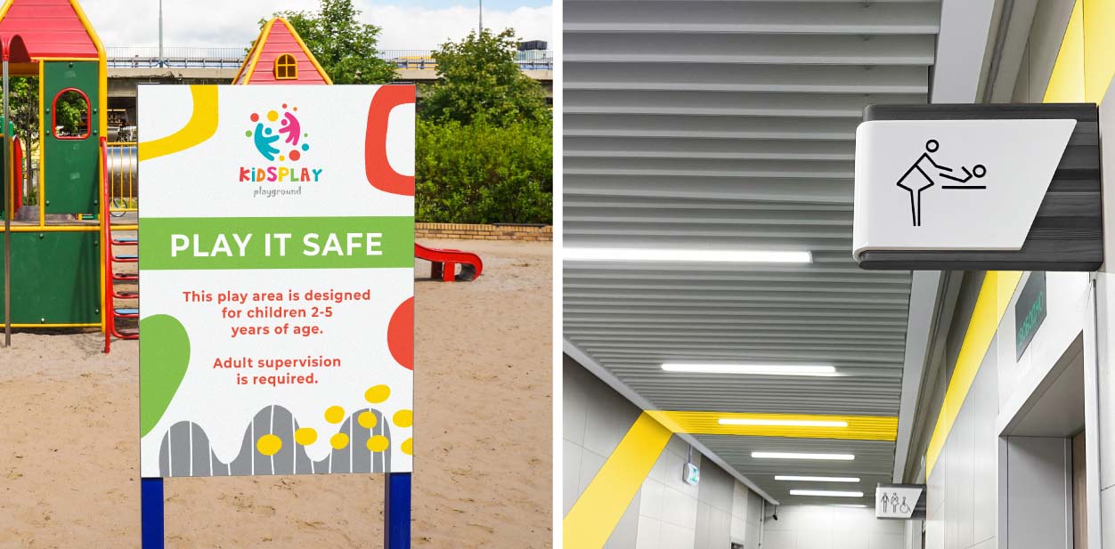 Placemaking signs with safety displays implemented outdoors and indoors