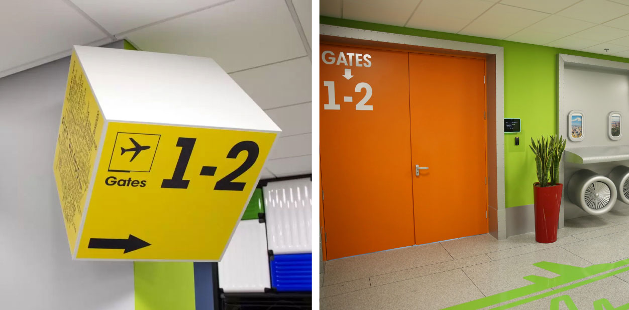 Interior directional elements of creative placemaking in bright colors