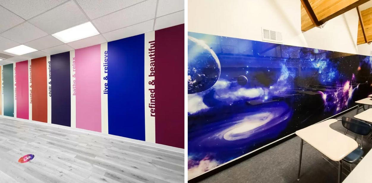 Interior colorful wall graphics for creative placemaking