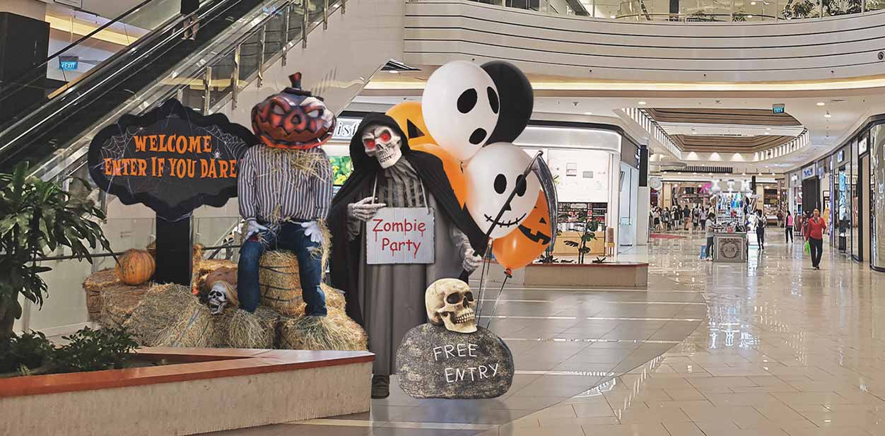 Custom Halloween themed design structures displayed at the mall