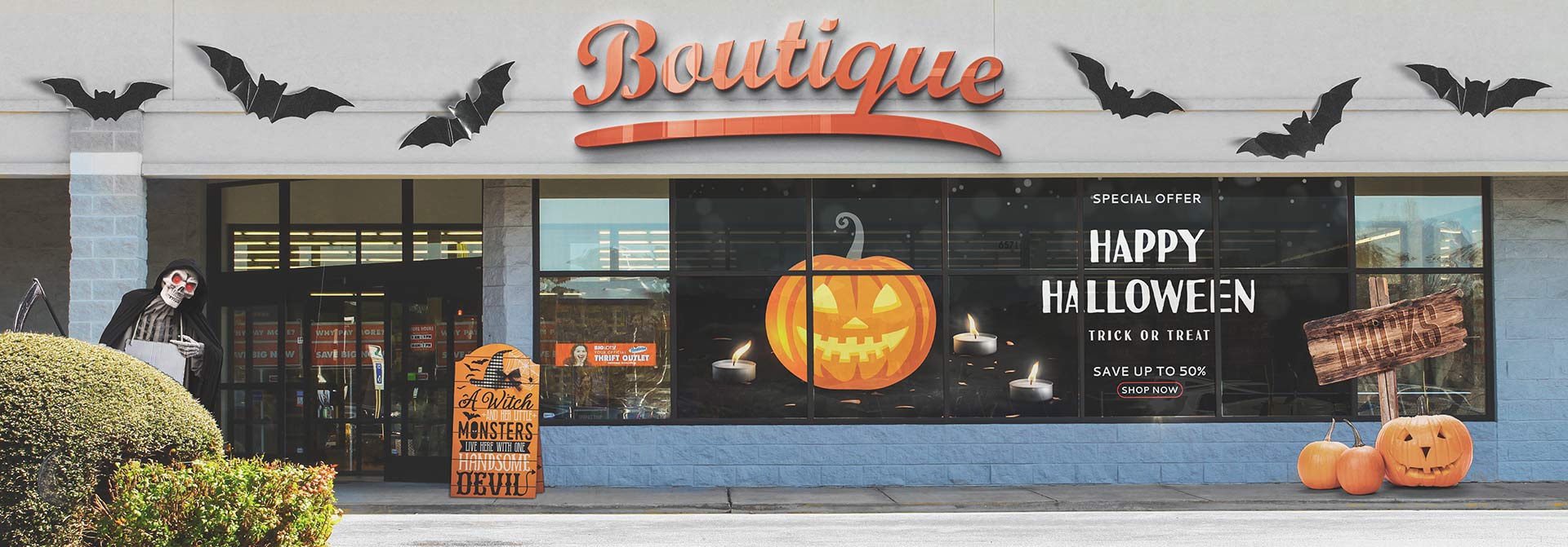 Halloween storefront signs and thematic decorations