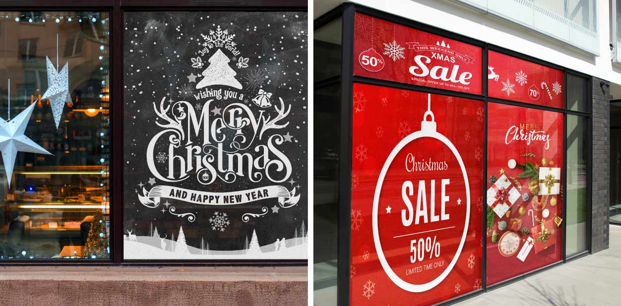 Promotional Christmas window displays in red and white
