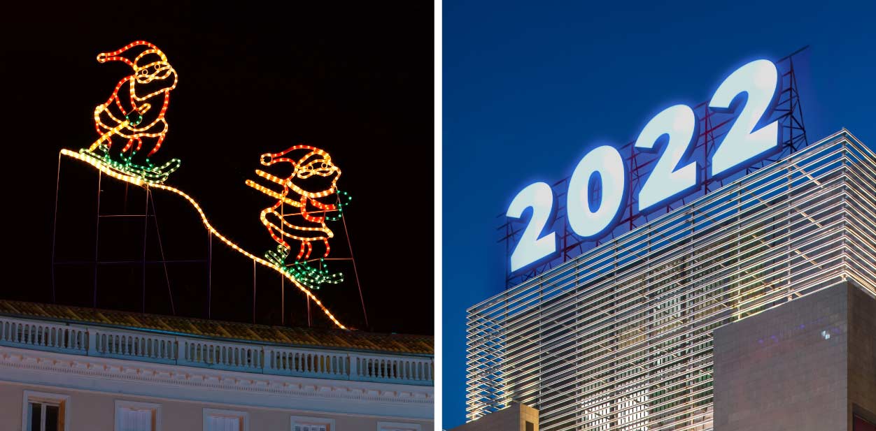 Custom rooftop Christmas signs in the shapes of Santa Claus and numbers
