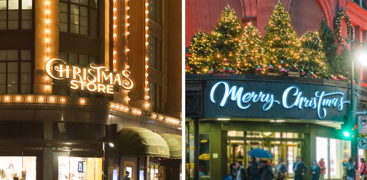 Facade lighted Christmas signs with holiday-themed decorations