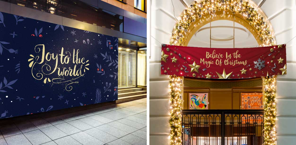 Festive large Christmas wall signs in blue and red