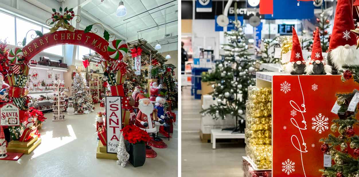 In-store promotional Christmas displays in red and white