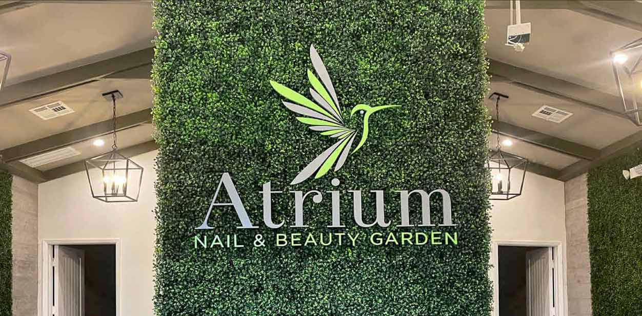 Atrium beauty salon interior design with a decorative bird in an eco-friendly style
