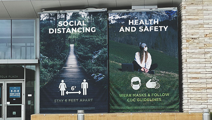 Social distancing and health & safety outdoor conference banner with corresponding instructions