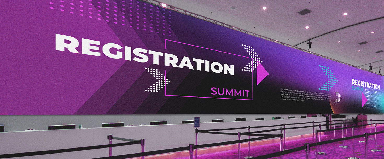 Large conference banner in purple with wayfinding features