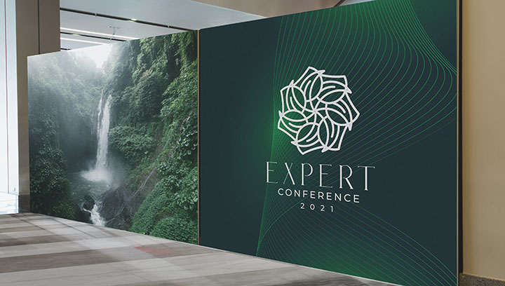 Green conference banner with elements of nature and writing of 'EXPERT CONFERENCE 2021'