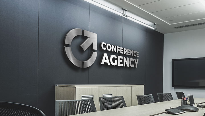 Aluminum conference logo signage for a meeting room with a company name of 'Conference Agency'