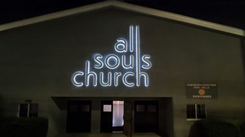 all souls church backlit sign