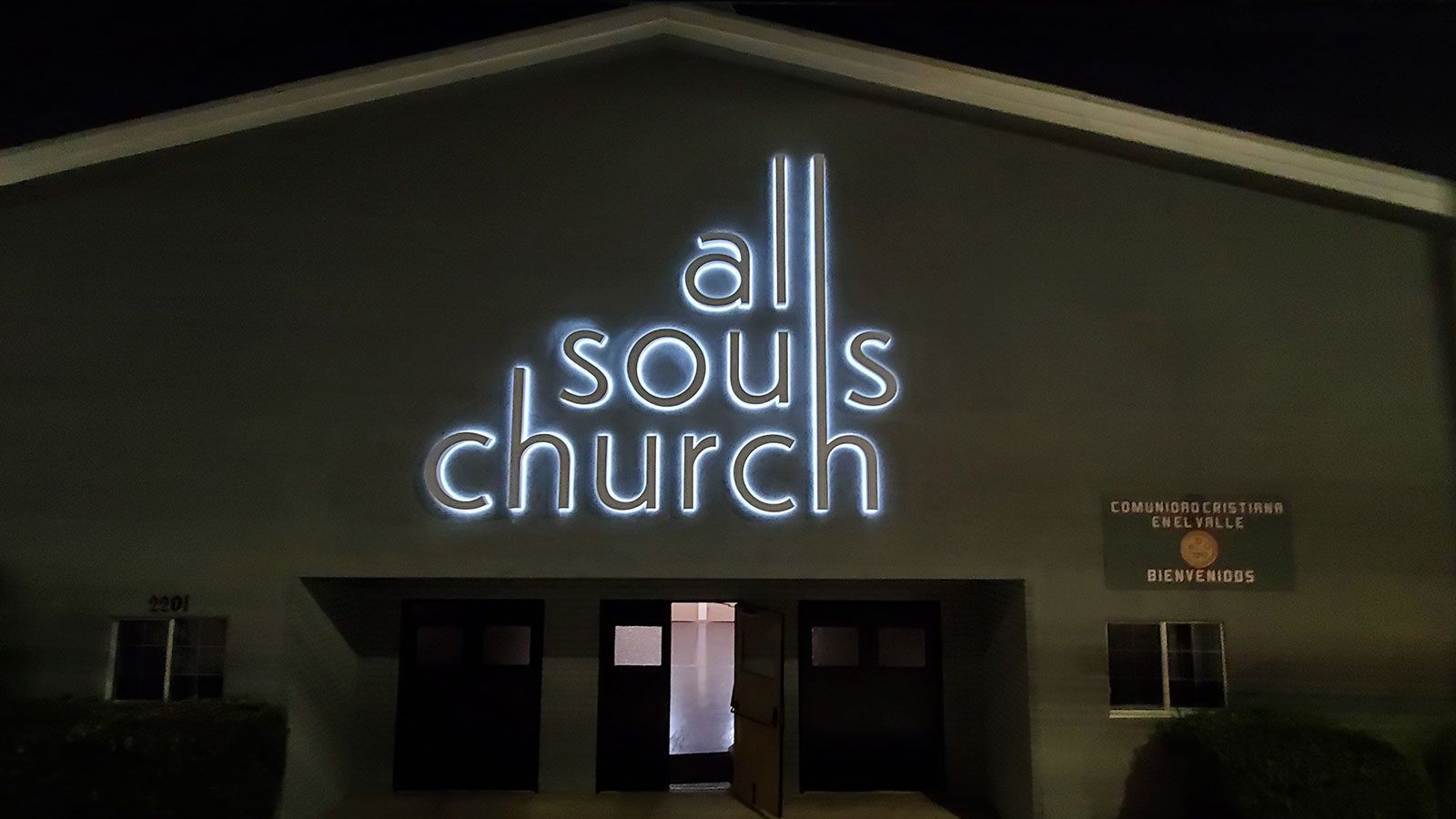 all souls church backlit sign