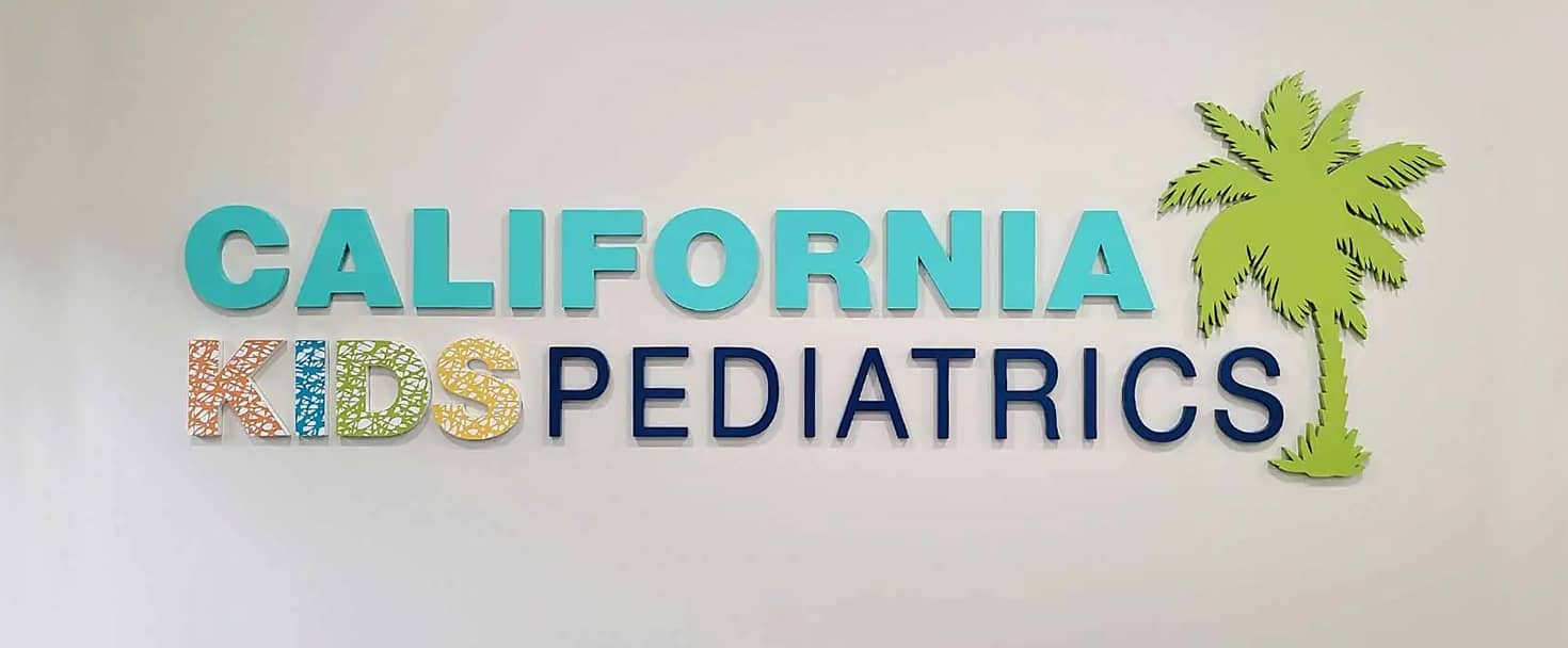 California Kids Pediatrics medical office signs with the brand name and palm logo on acrylic
