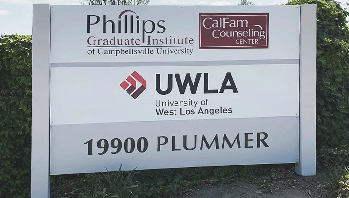 UWLA University of West Los Angeles ground-mounted sign for outdoor use