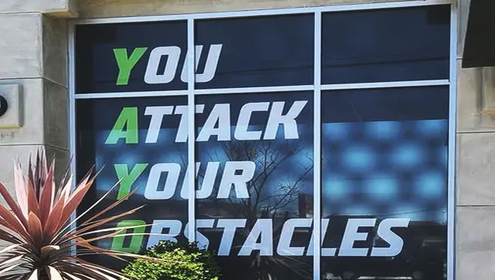 Gym window sign in motivational and branding style