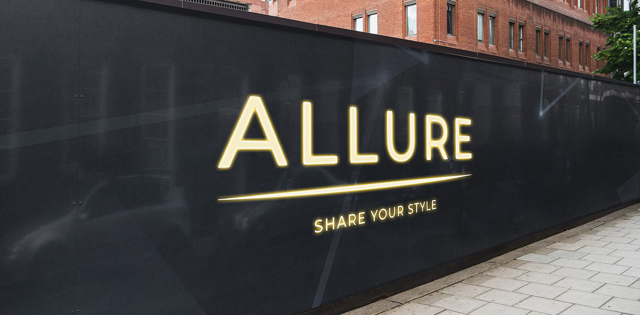 Building exterior innovative hoarding design in gold and black with a name 'Allure' and a slogan 'Share Your Style'