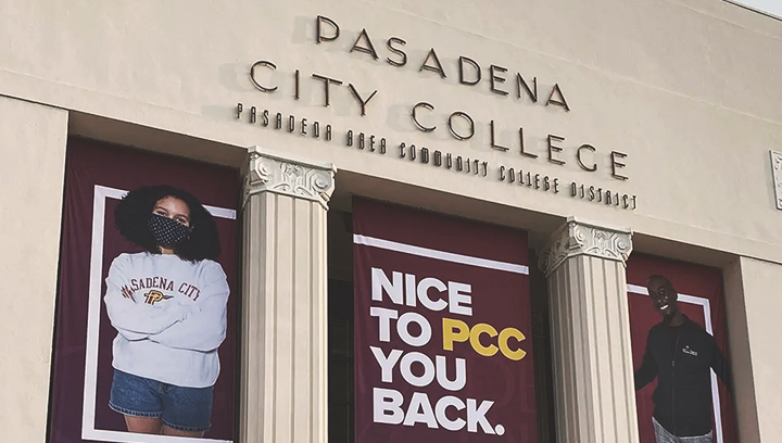 Pasadena City College front-facade college sign accompanied with post-pandemic informative posters