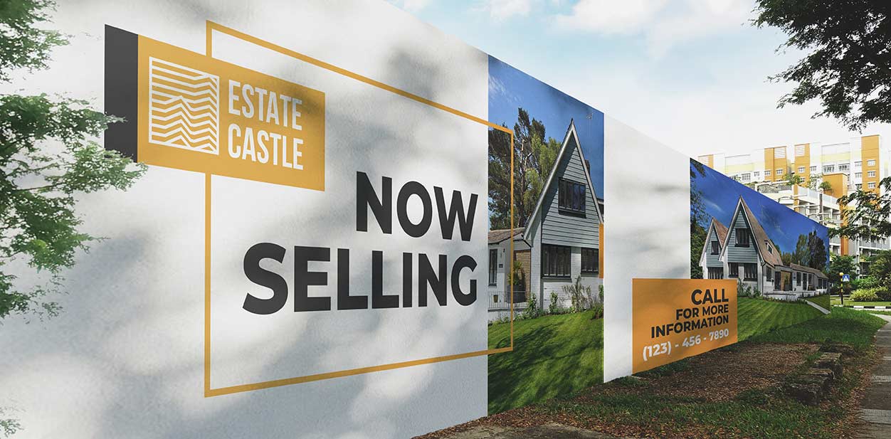 Outdoor real estate hoarding design with images of houses and contact information