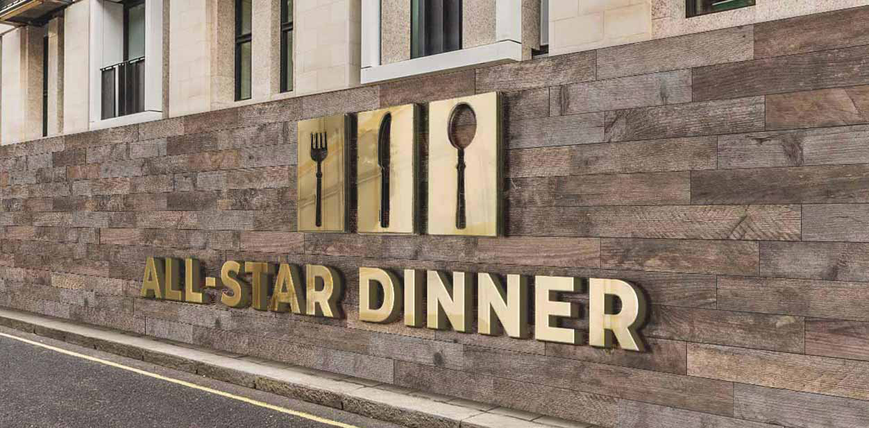 All-Star Dinner restaurant hoarding design with dimensional name and logo displays for branding