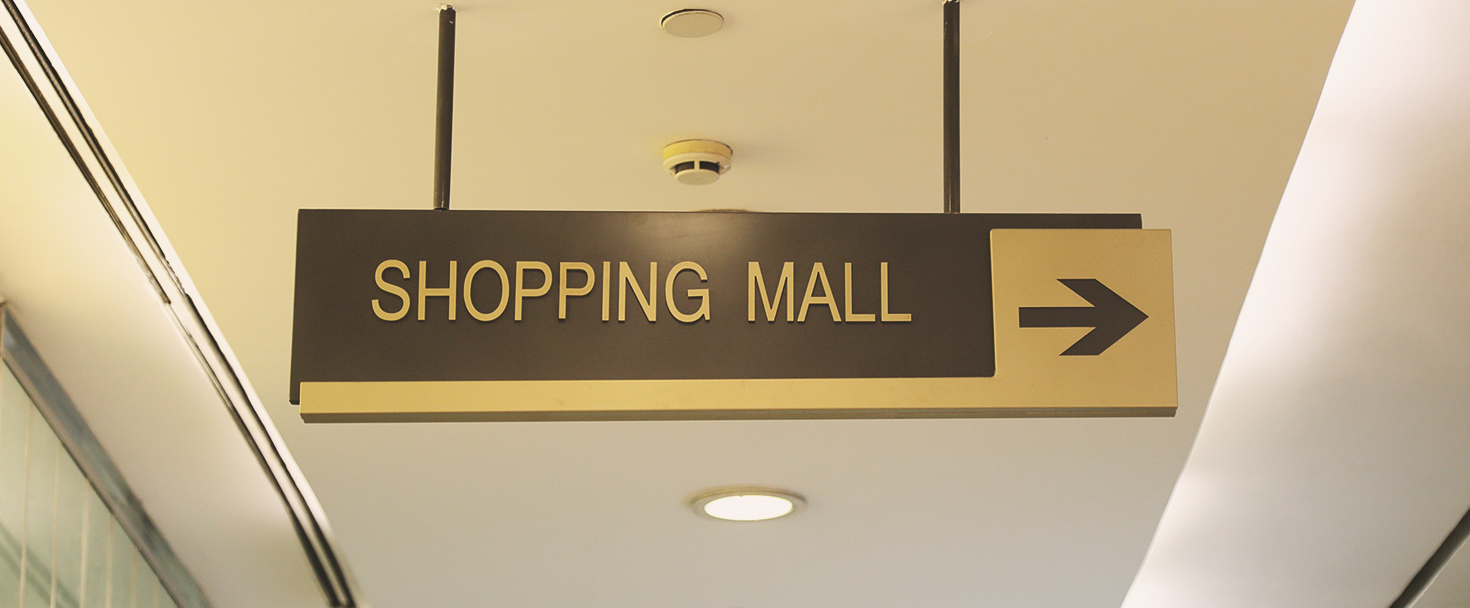 Indoor hanging wayfinding signage for shopping malls